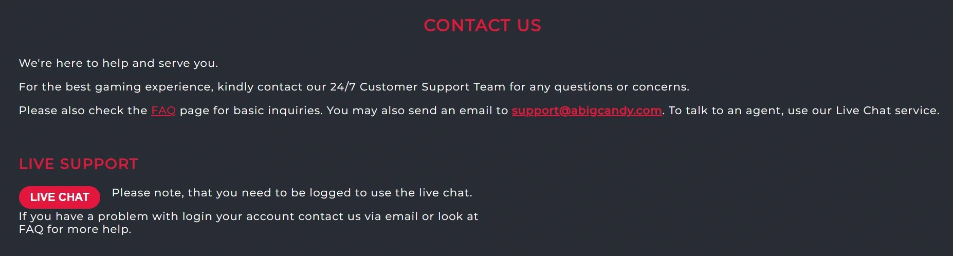 A Big Candy Casino contact us page