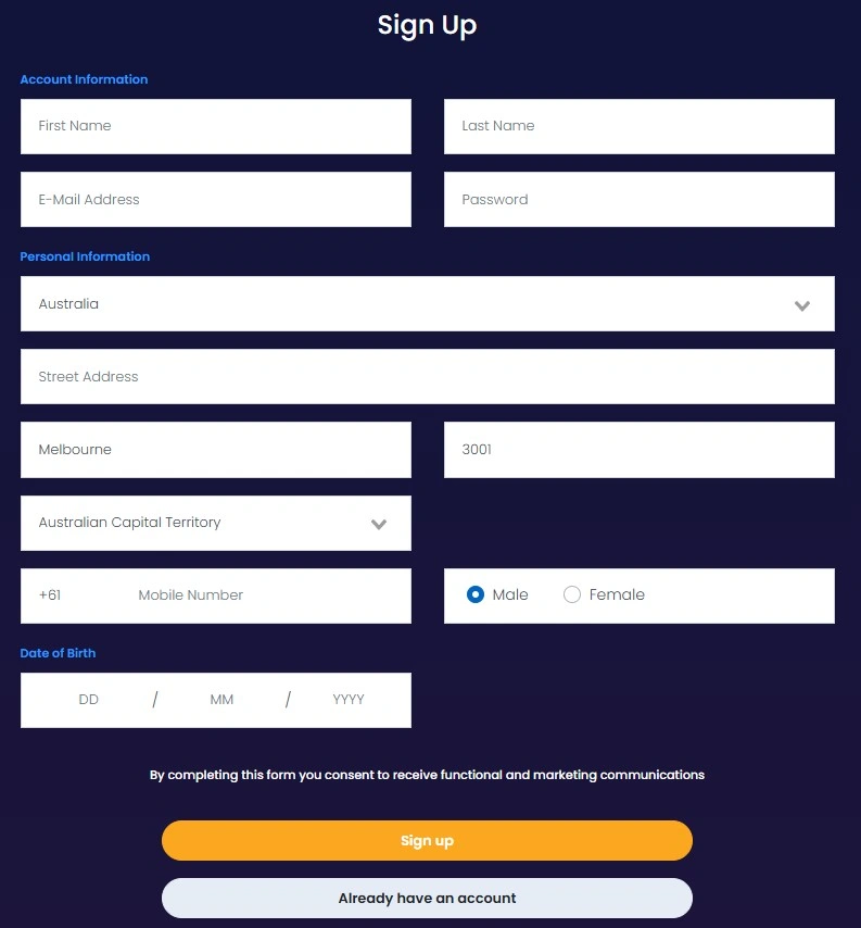 A Big Candy Casino registration sign up form